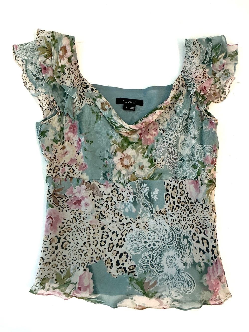 ECI New York, 100% Silk Top featuring Leopard Print & Florals, Vintage Y2K, Sz 6
